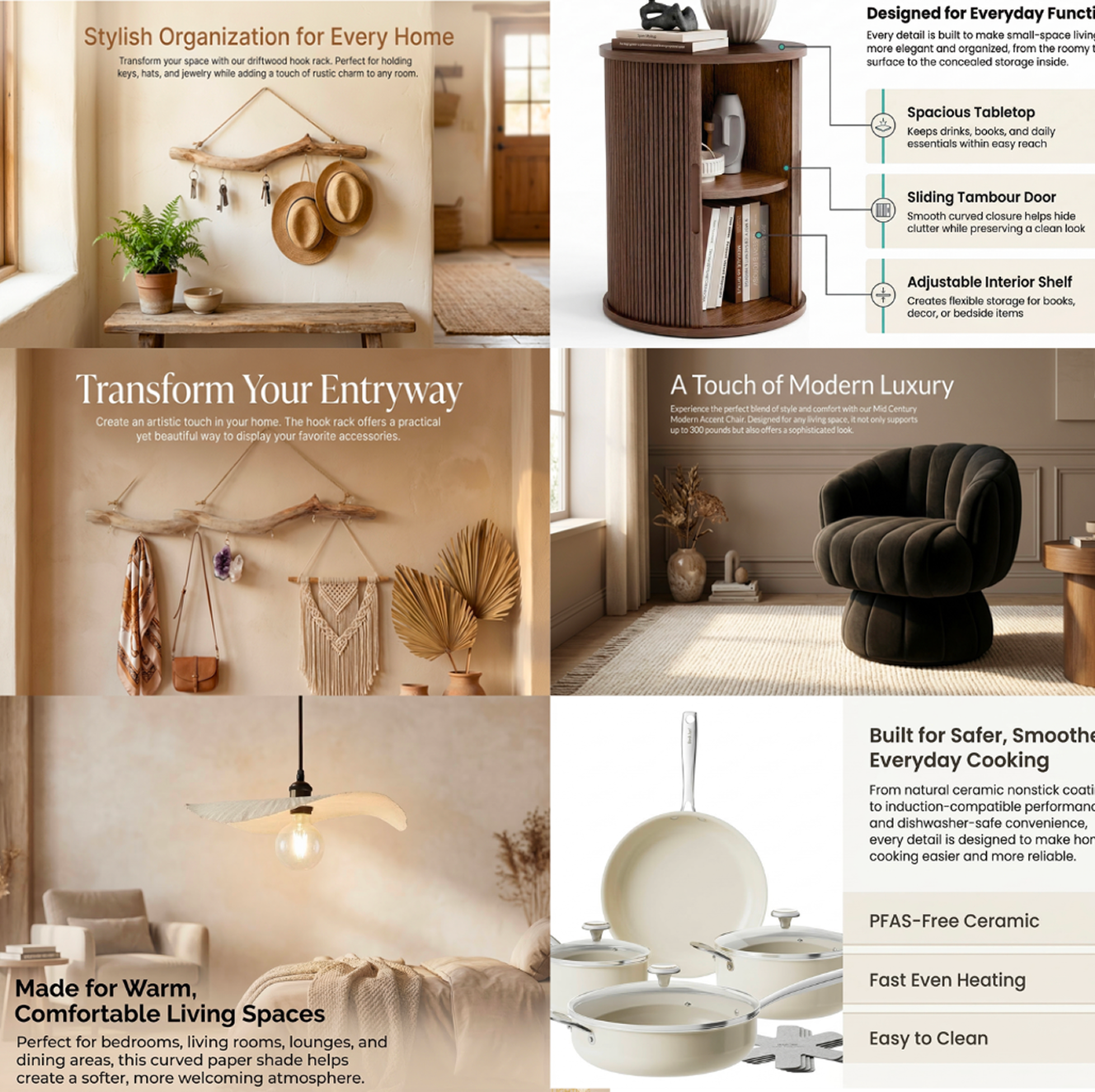 Collage of Amazon A+ style product visuals: home organization, furniture, lighting, and kitchenware with marketing layouts