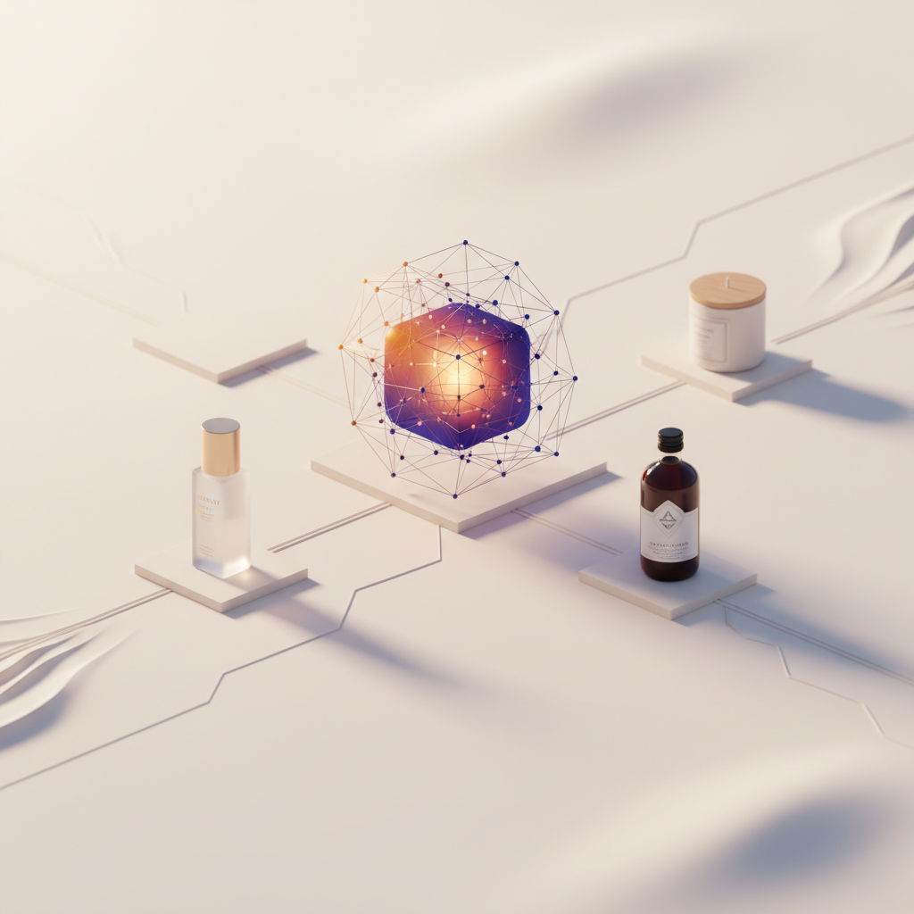 Saharan AI conceptual scene: glowing geometric core linking premium product vignettes on a sculpted neutral surface