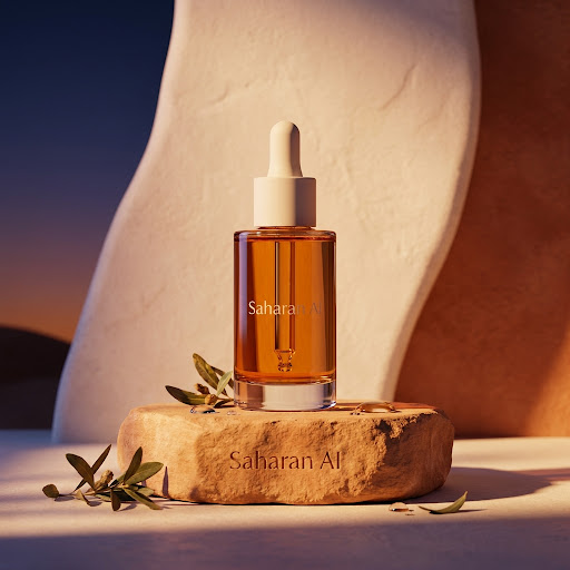 Marketing creative preview: amber serum bottle with Saharan branding on a stone pedestal, warm sculpted backdrop at golden hour