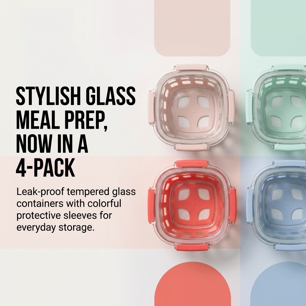 Marketing graphic: stylish glass meal prep containers in pastel protective sleeves—four-pack product highlight.