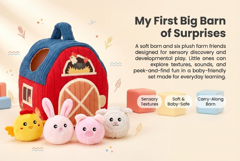 Marketing graphic: My First Big Barn of Surprises soft plush barn and farm animal friends toy set.