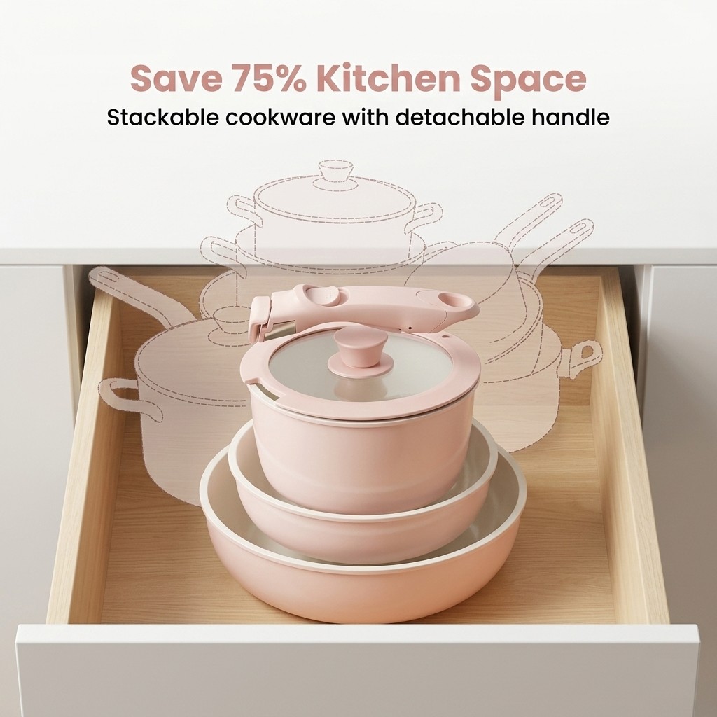 Marketing graphic: stackable pink cookware in a kitchen drawer — Save 75% Kitchen Space; stackable cookware with detachable handle.