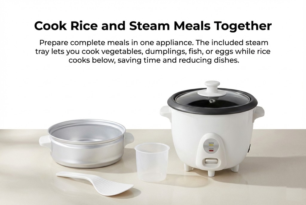 Marketing graphic: white rice cooker with steam tray and accessories — Cook Rice and Steam Meals Together; prepare complete meals in one appliance.