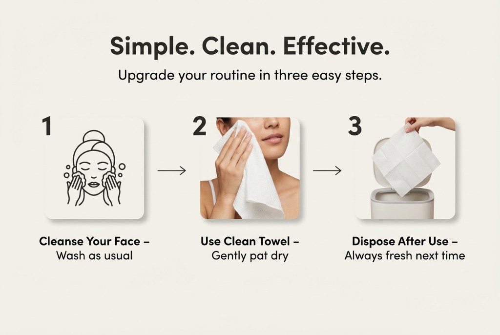 Marketing graphic: three-step skincare routine — Simple. Clean. Effective.; cleanse, pat dry with towel, dispose after use.