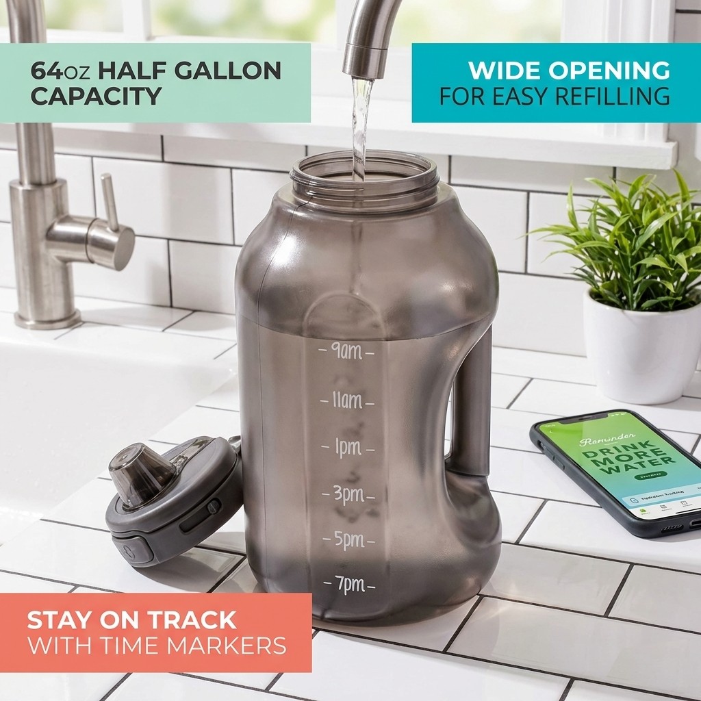 Marketing graphic: 64oz half-gallon water bottle at a kitchen sink — wide opening for refilling, time markers to stay hydrated.