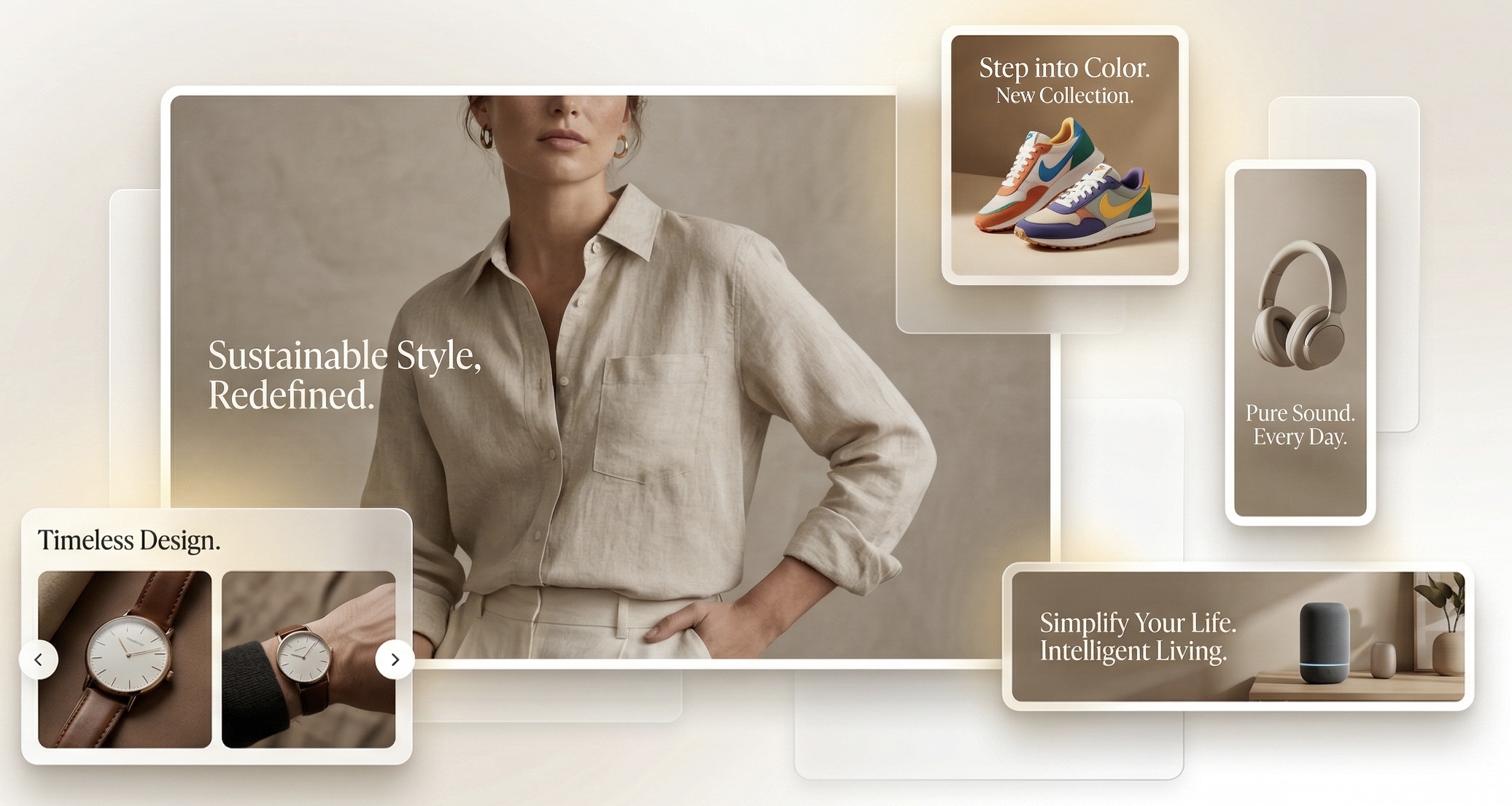 A collage of Saharan AI marketing creatives: layouts for fashion, electronics, and listing design.